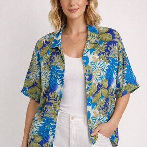 Vintage Melrose Studio Womens 100% Silk Button-Up Shirt Sz Large Floral Bohemian